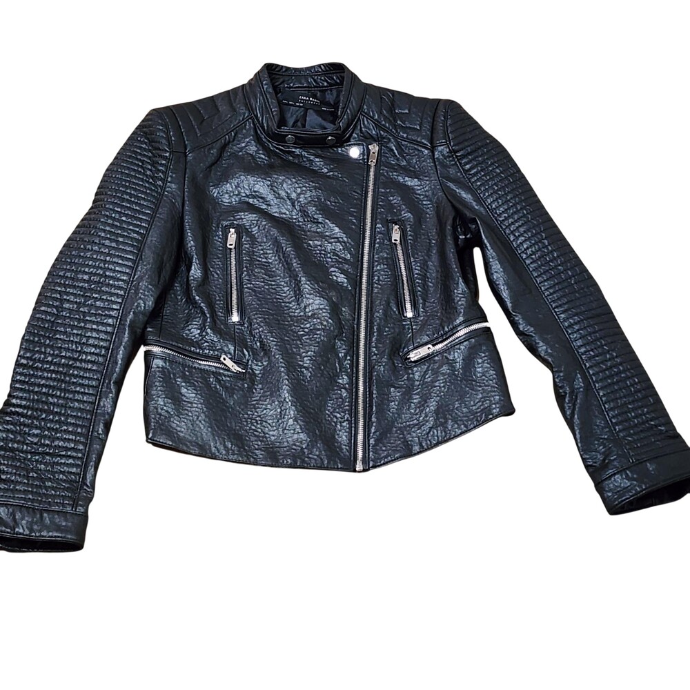 Zara Basic Jacket Womens Large Black Faux Leather Moto Biker Zip Pockets Quilted